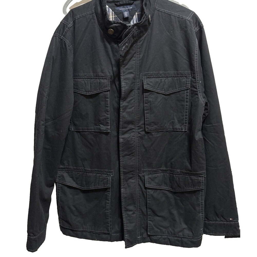 Tommy Hilfiger Men XXL Black Field Jacket Plaid Lined 4 Pocket Military 2010